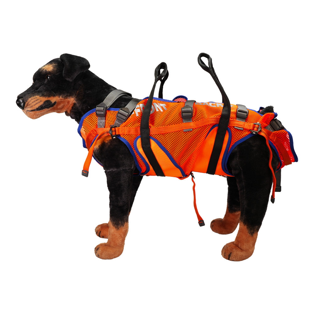 Abseiltasche für Hunde, aus Netzmaterial und Gurten. Zum Abseilen von Hunden. orange