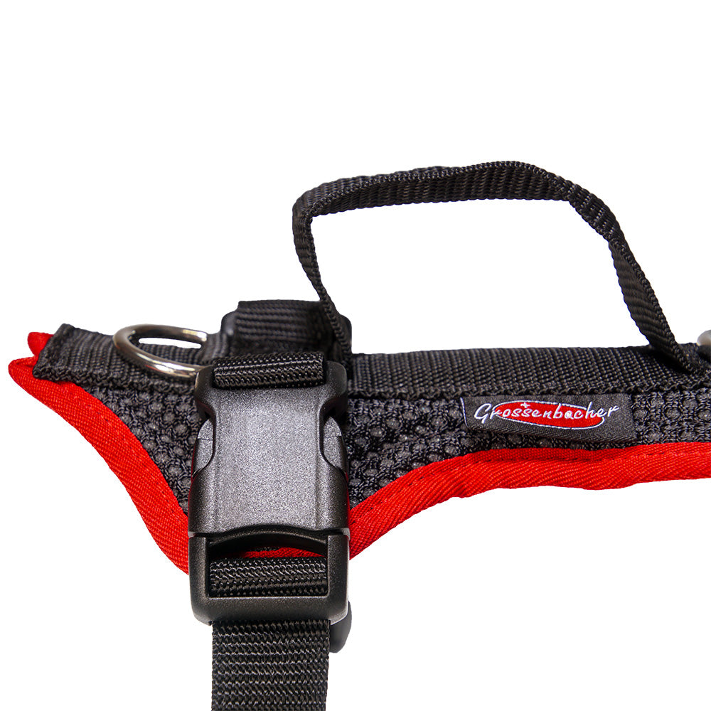 Dog`s Fun Run Hundegeschirr Standard, schwarz-rot. hergestellt in der Schweiz. Detail Steckverschluss.