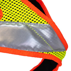 imbracatura per cani Dog`s Fun Run Night, giallo fluorescente con strisce riflettenti, due luci LED e bordi arancioni fluorescenti. Vista dettagliata delle strisce riflettenti.