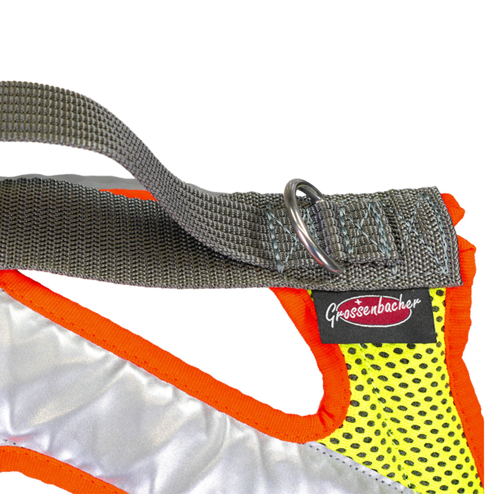 imbracatura per cani Dog`s Fun Run Night, giallo fluorescente con strisce riflettenti, due luci LED e bordi arancioni fluorescenti. Vista dettagliata dell'anello di imbracatura.