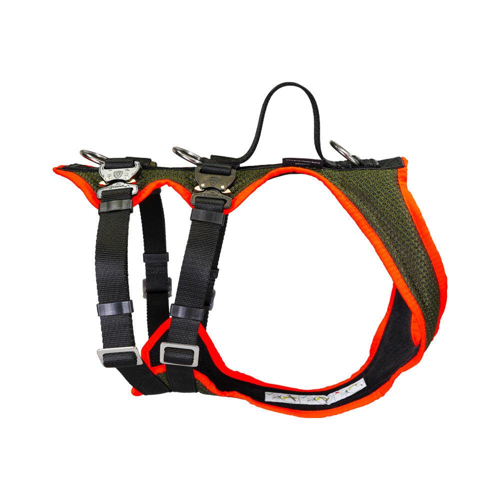 Hundegeschirr Dog`s Fun Run Autosicherheitsgeschirr Travel Xtreme, mit Karabinerset, olive-orange.