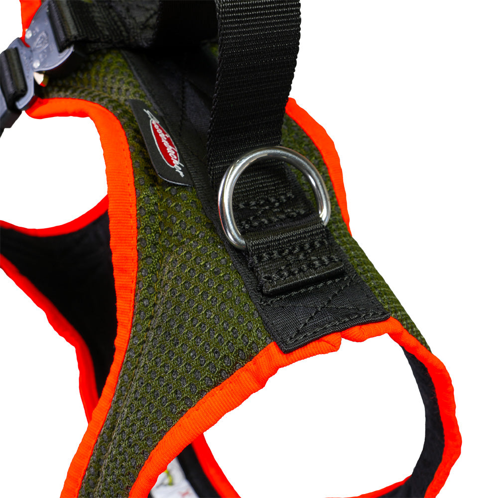 Hundegeschirr Dog`s Fun Run Autosicherheitsgeschirr Travel Xtreme, mit Karabinerset, olive-orange. Detail Nacken.