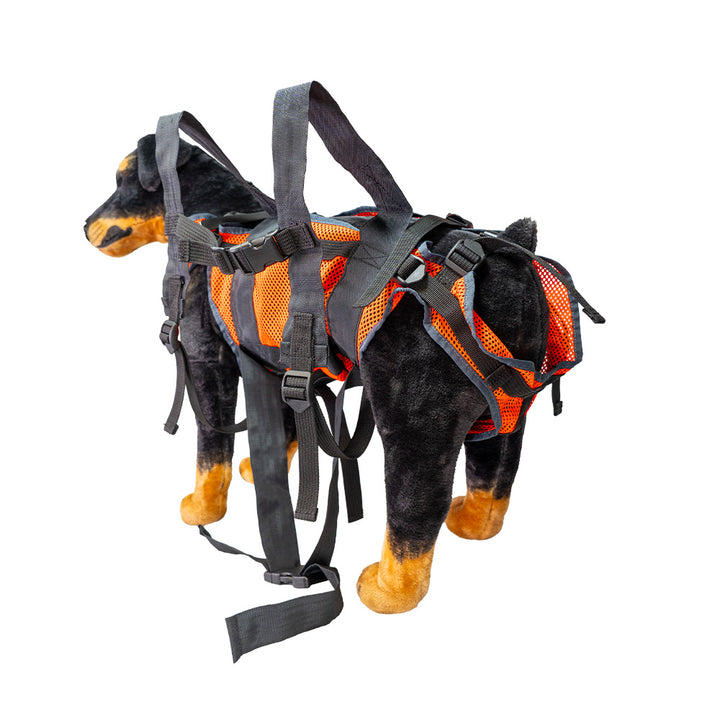 Zaino da trasporto per cani, realizzato in materiale a rete permeabile all'aria e con robuste cinghie. Vista laterale